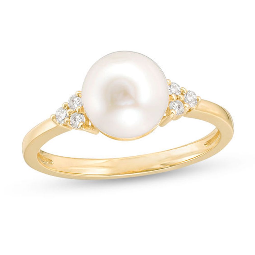 7.5-8.0mm Freshwater Cultured Pearl and Diamond Accent Tri-Sides Ring in 14K Gold