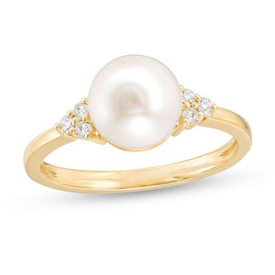 7.5-8.0mm Freshwater Cultured Pearl and Diamond Accent Tri-Sides Ring in 14K Gold