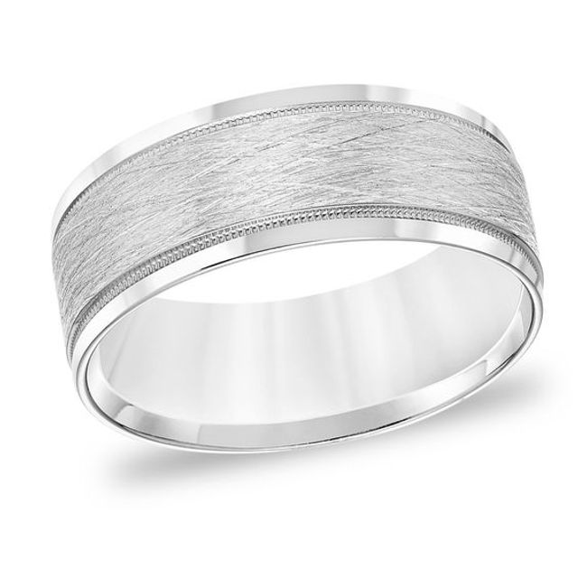 Men's 8.0mm Comfort-Fit Brushed Center Milgrain Wedding Band in 14K White Gold