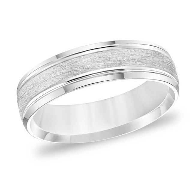 Men's 6.0mm Comfort-Fit Brushed Grooved Edge Wedding Band in 14K White Gold
