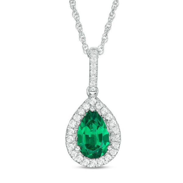 Pear-Shaped Lab-Created Emerald and 1/8 CT. T.w. Diamond Frame Pendant in Sterling Silver