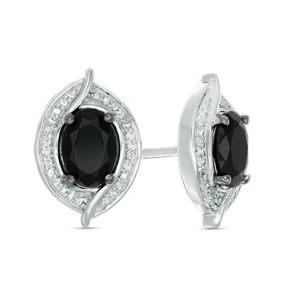 Oval Lab-Created Black Sapphire and 1/20 CT. T.w. Diamond Bead Bypass Swirl Frame Stud Earrings in Sterling Silver