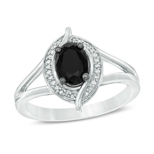 Oval Lab-Created Black Sapphire and 1/20 CT. T.w. Diamond Bead Bypass Swirl Frame Ring in Sterling Silver