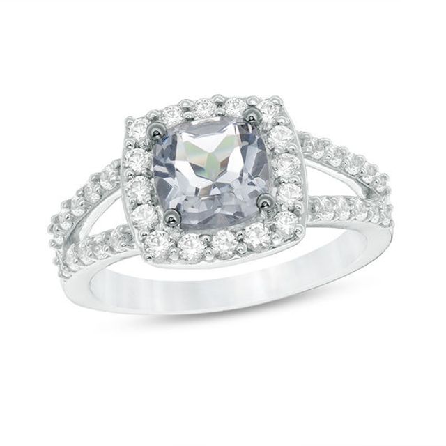 7.0mm Cushion-Cut Lab-Created Grey Spinel and White Sapphire Frame Split Shank Ring in Sterling Silver