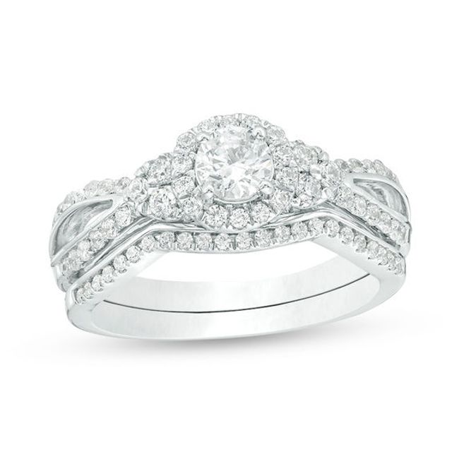 3/4 CT. T.w. Diamond Frame Tri-Sides Bridal Set in 10K White Gold