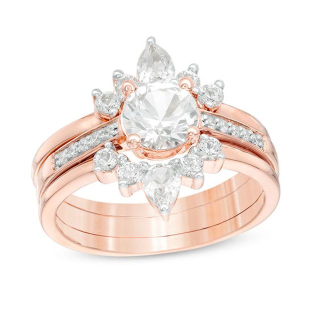 Lab-Created White Sapphire and 1/20 CT. T.w. Diamond Three Piece Bridal Set in Sterling Silver with 14K Rose Gold Plate