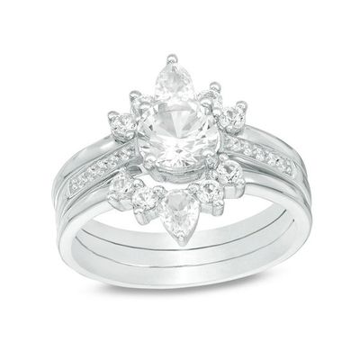 Lab-Created White Sapphire and 1/20 CT. T.w. Diamond Sunburst Three Piece Bridal Set in Sterling Silver