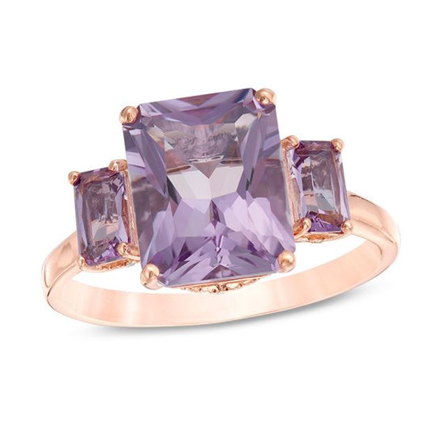 Emerald-Cut Rose de France Amethyst and 0.079 CT. T.w. Diamond Three Stone Ring in 14K Rose Gold