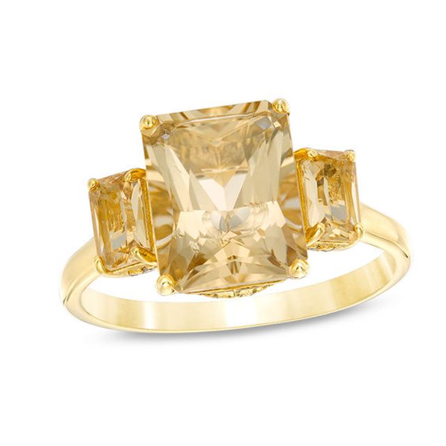 Emerald-Cut Yellow Beryl and 0.079 CT. T.w. Diamond Three Stone Ring in 14K Gold
