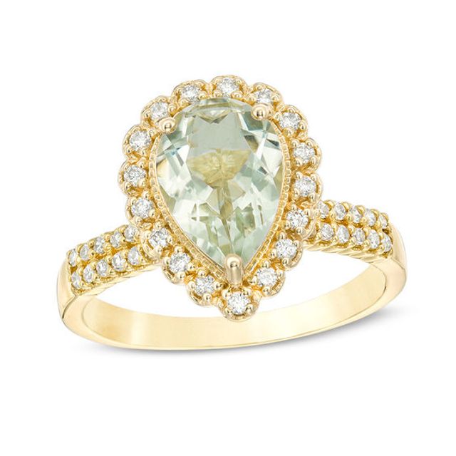 Pear-Shaped Green Quartz and 1/3 CT. T.w. Diamond Scallop Frame Vintage-Style Ring in 14K Gold