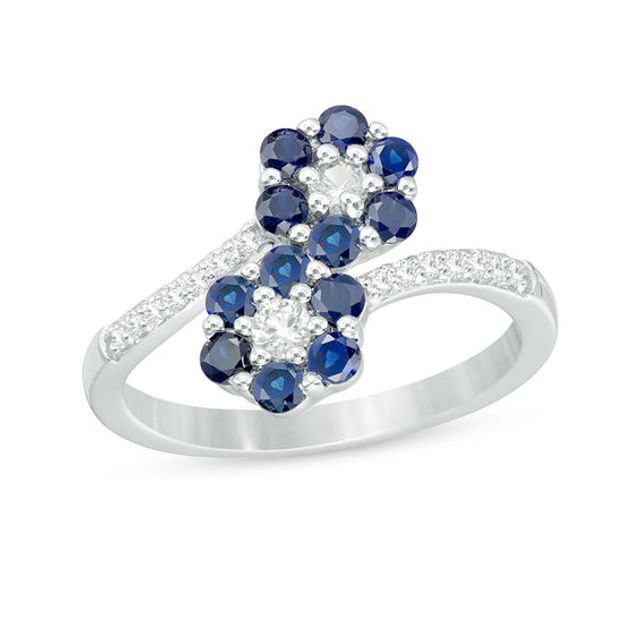 Lab-Created Blue and White Sapphire Double Flower Bypass Ring in Sterling Silver