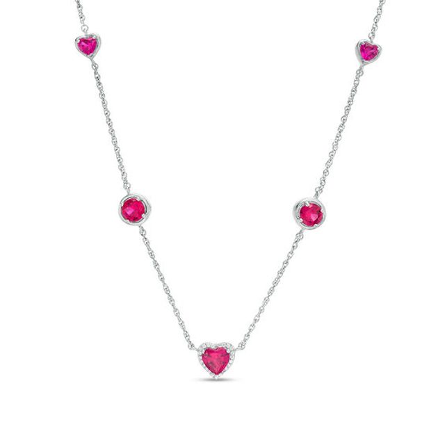 Lab-Created Ruby and 1/15 CT. T.w. Diamond Station Necklace in Sterling Silver