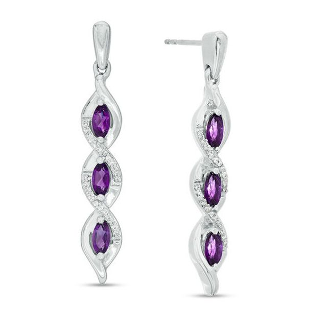 Marquise Amethyst and 1/10 CT. T.w. Diamond Cascading Frame Triple Drop Earrings in Sterling Silver