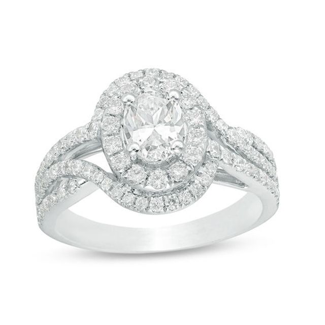 1-1/2 CT. T.w. Certified Oval Diamond Frame Bypass Swirl Engagement Ring in 14K White Gold (I/Si2)