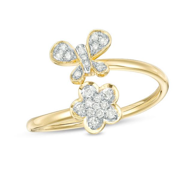 1/8 CT. T.w. Diamond Butterfly and Flower Bypass Adjustable Ring in 10K Gold - Size 7