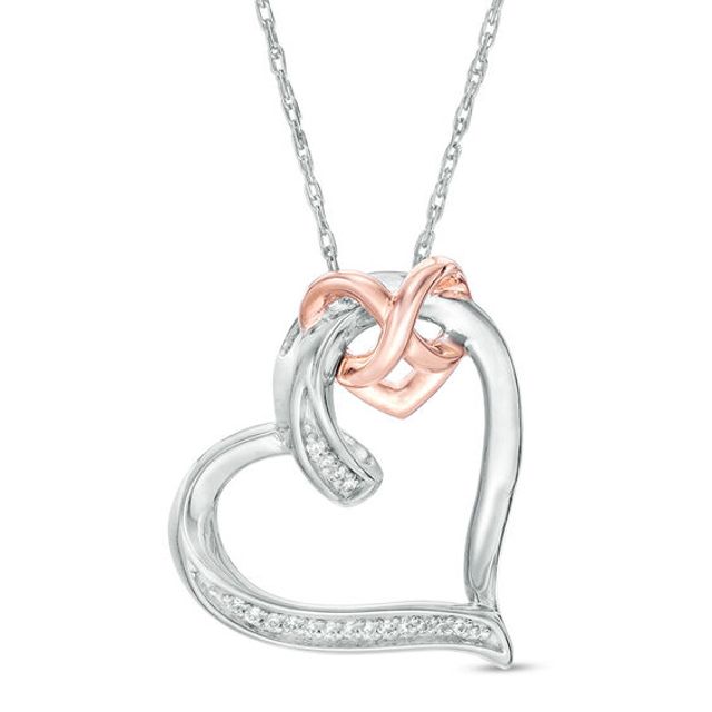 1/20 CT. T.w. Diamond Interlocking Infinity Tilted Heart Pendant in Sterling Silver and 10K Rose Gold