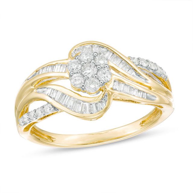 1/2 CT. T.w. Baguette and Round Composite Diamond Bypass Ring in 10K Gold