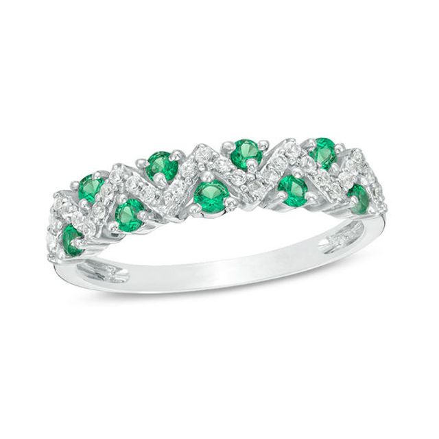 Lab-Created Emerald and White Sapphire Zig-Zag Ring in Sterling Silver