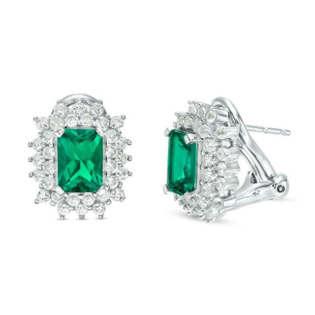 Emerald-Cut Lab-Created Emerald and White Sapphire Double Starburst Frame Stud Earrings in Sterling Silver