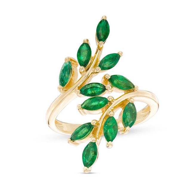 Marquise Emerald Leafy Branch Bypass Ring in 10K Gold