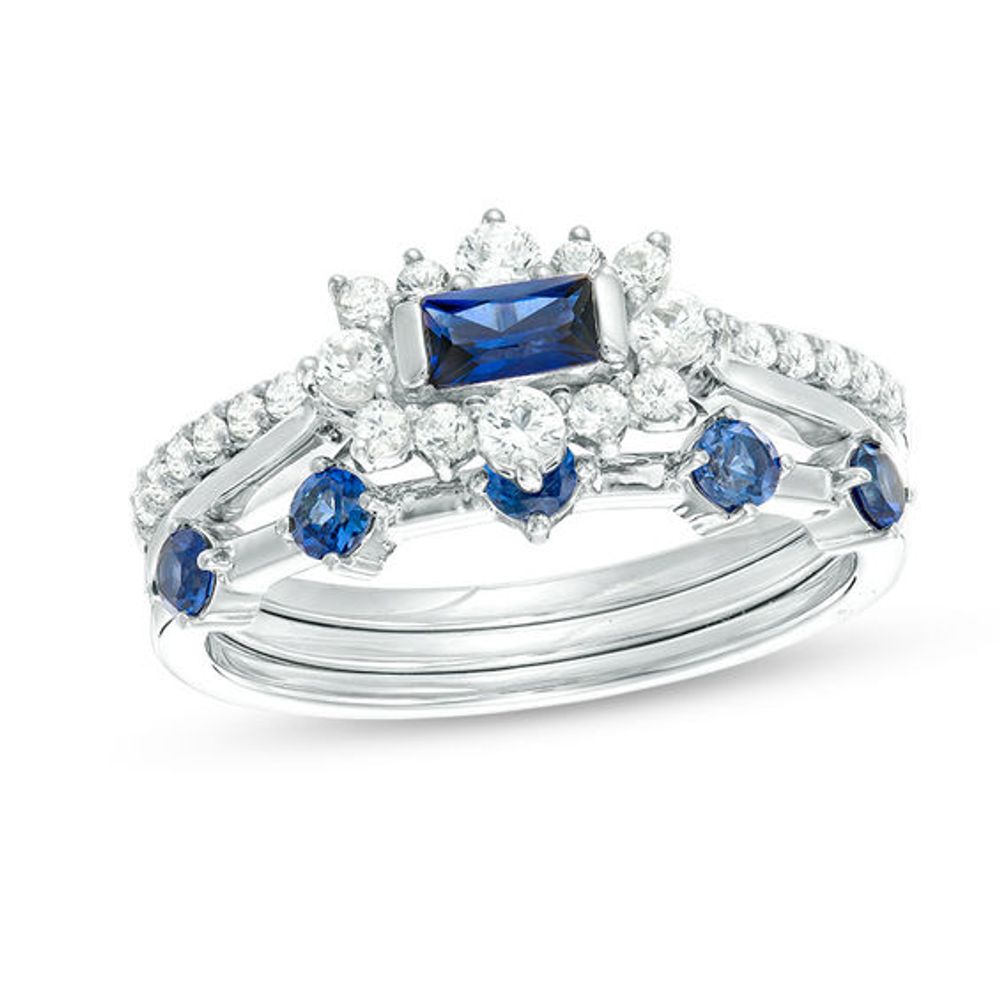 Lab-Created Blue and White Sapphire Three Piece Stackable Ring Set in Sterling Silver