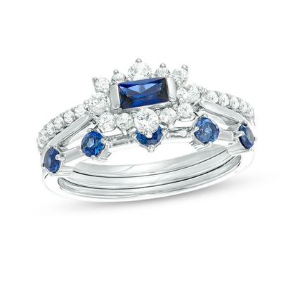 Lab-Created Blue and White Sapphire Three Piece Stackable Ring Set in Sterling Silver