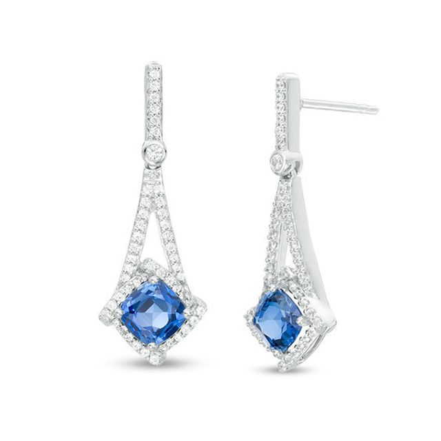 6.0mm Cushion-Cut Lab-Created Blue and White Sapphire Swirl Frame Pendulum Drop Earrings in Sterling Silver