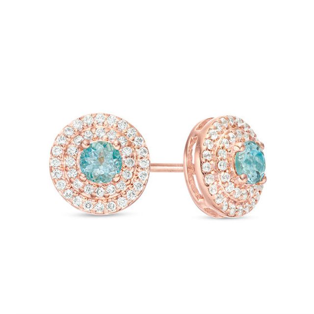 4.0mm Aquamarine and 1/5 CT. T.w. Diamond Double Frame Stud Earrings in 10K Rose Gold