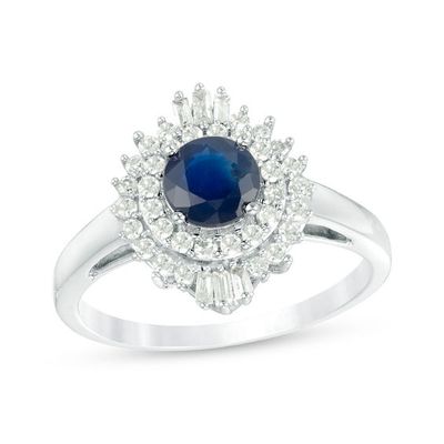 5.0mm Blue Sapphire and 1/3 CT. T.w. Diamond Double Frame Ring in 10K White Gold