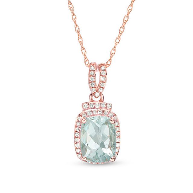 Cushion-Cut Aquamarine and 1/10 CT. T.w. Diamond Frame Doorknocker Drop Pendant in 10K Rose Gold