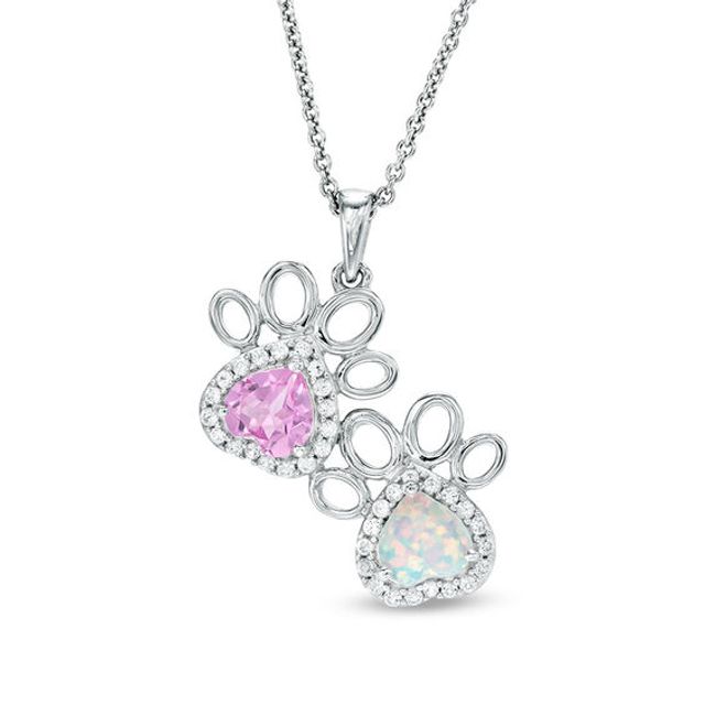 5.0mm Heart-Shaped Lab-Created Opal, Pink and White Sapphire Double Paw Prints Pendant in Sterling Silver