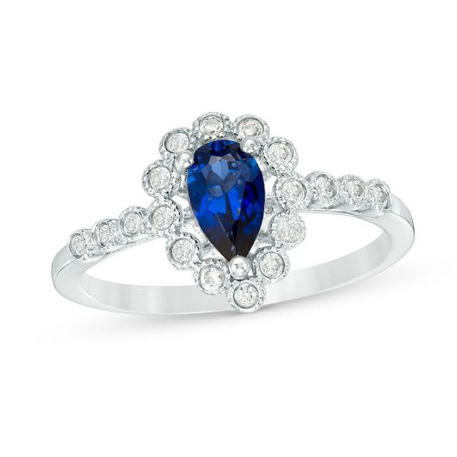 Pear-Shaped Blue Sapphire and 1/10 CT. T.w. Diamond Frame Vintage-Style Ring in 10K White Gold