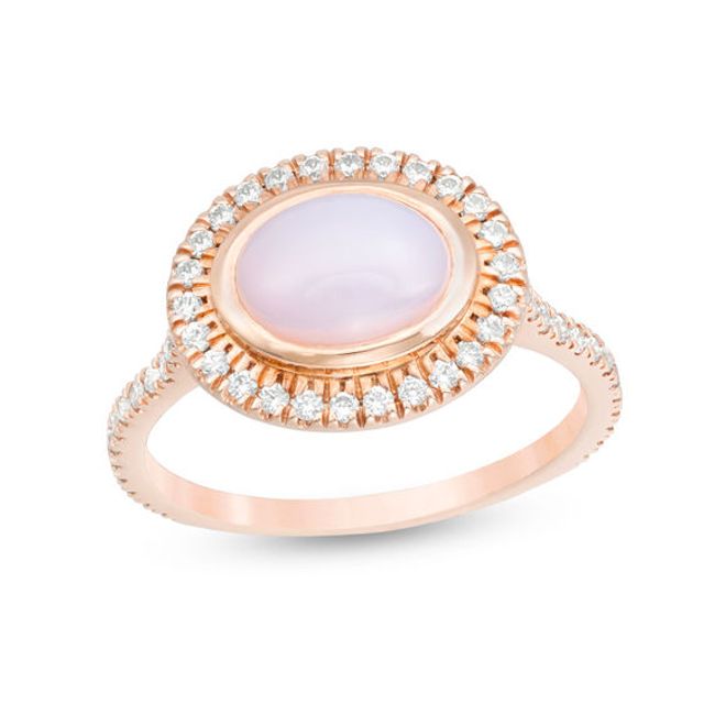 Sideways Oval Lab-Created Pink Opal and White Sapphire Frame Ring in 10K Rose Gold