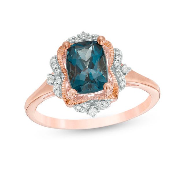 Cushion-Cut London Blue Topaz and 1/20 CT. T.w. Diamond Vintage-Style Frame Ring in 10K Rose Gold