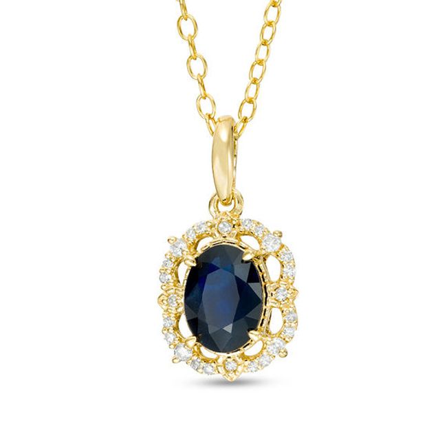 Oval Blue Sapphire and 1/6 CT. T.w. Diamond Frame Vintage-Style Pendant in 10K Gold