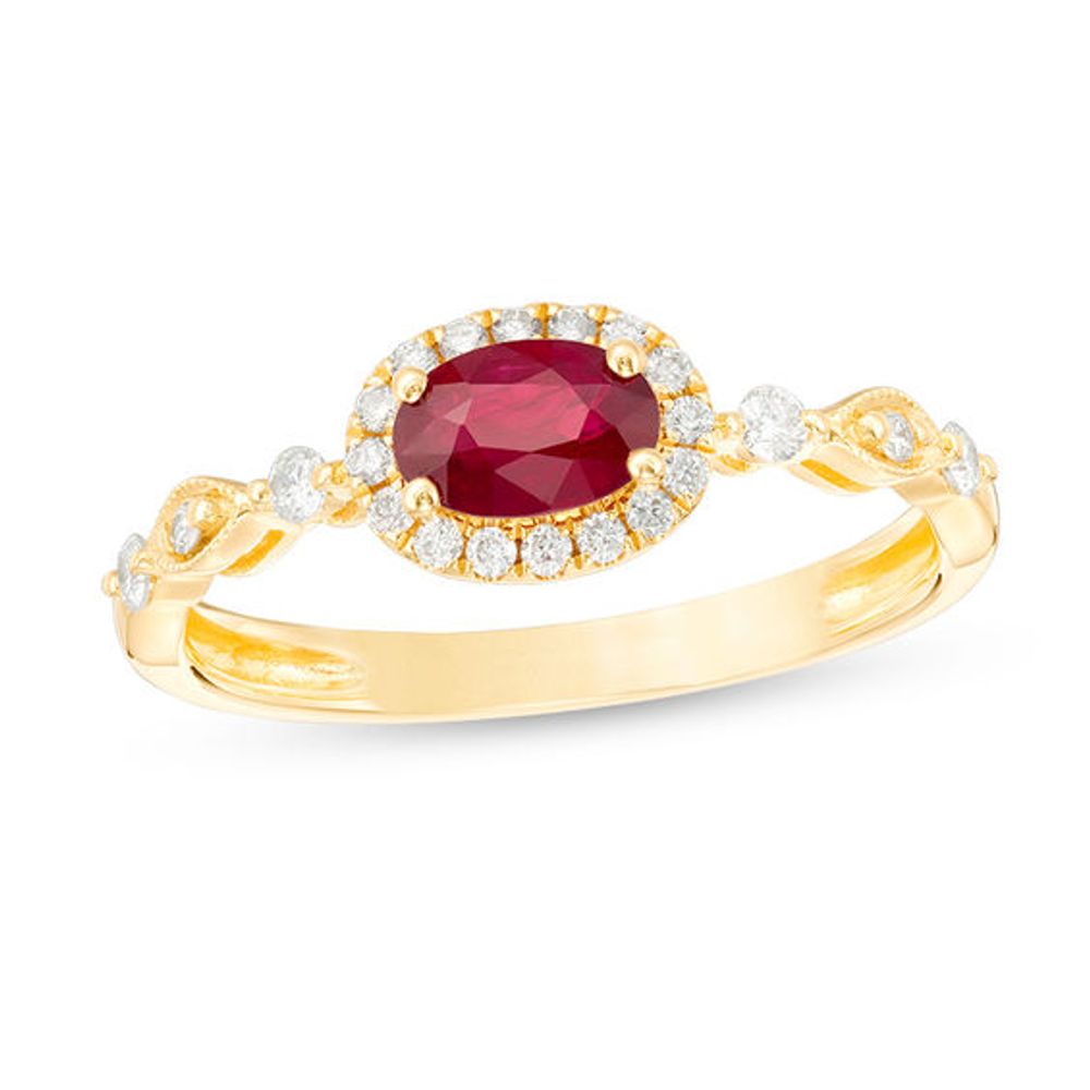 Oval Ruby and 1/4 CT. T.W. Diamond Three Stone Frame Ring in 10K Rose Gold  | Zales