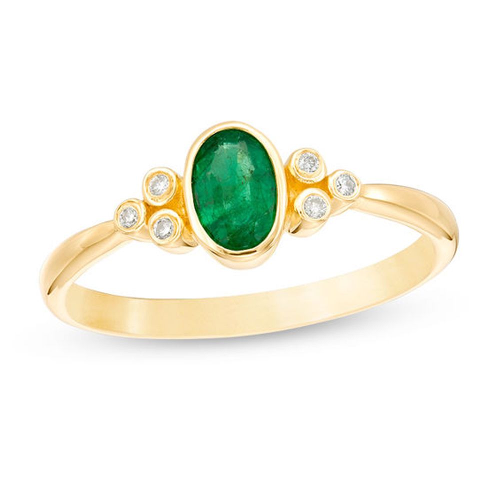 Oval Bezel-Set Emerald and Diamond Accent Tri-Sides Ring in 10K Gold