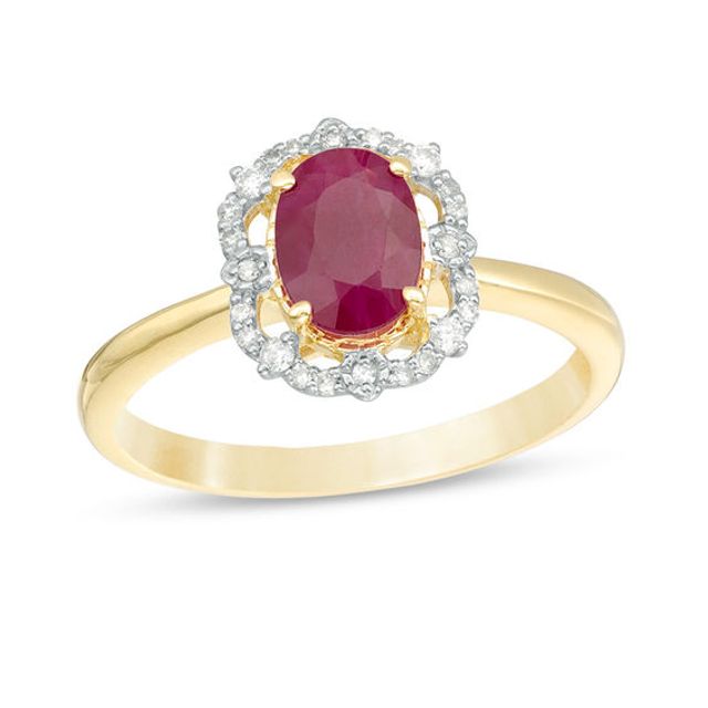 Sideways Oval Ruby and 1/4 CT. T.W. Diamond Five Stone Ring in 14K White  Gold | Zales