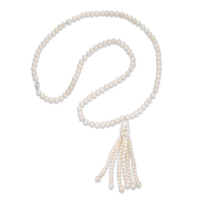 4.0-12.0mm Oval Freshwater Cultured Pearl Tassel Strand Necklace with Sterling Silver Accent Beads and Clasp-30"