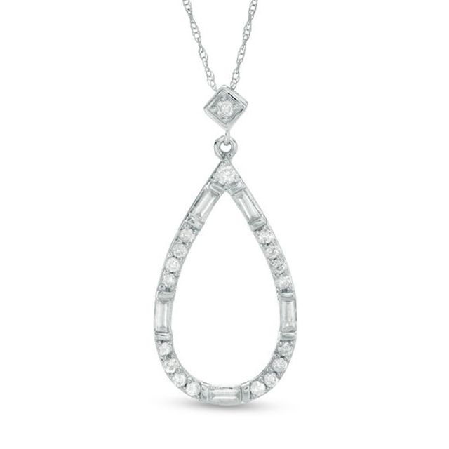 1/2 CT. T.w. Baguette and Round Diamond Teardrop Outline Pendant in 10K White Gold
