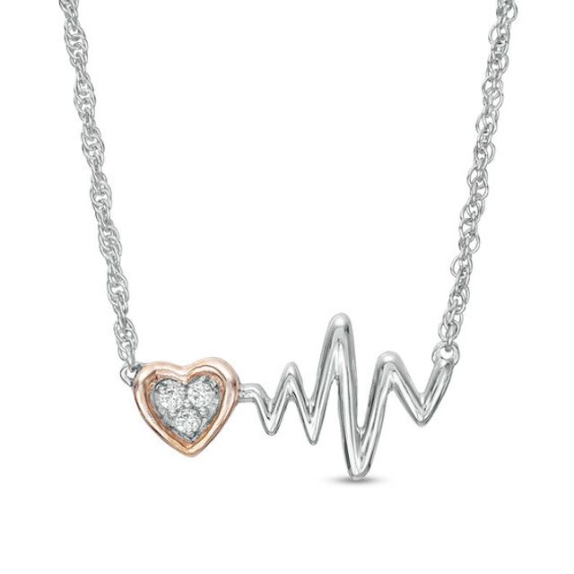 1/20 CT. T.w. Diamond Heartbeat and Heart Necklace in Sterling Silver and 10K Rose Gold - 17.15"