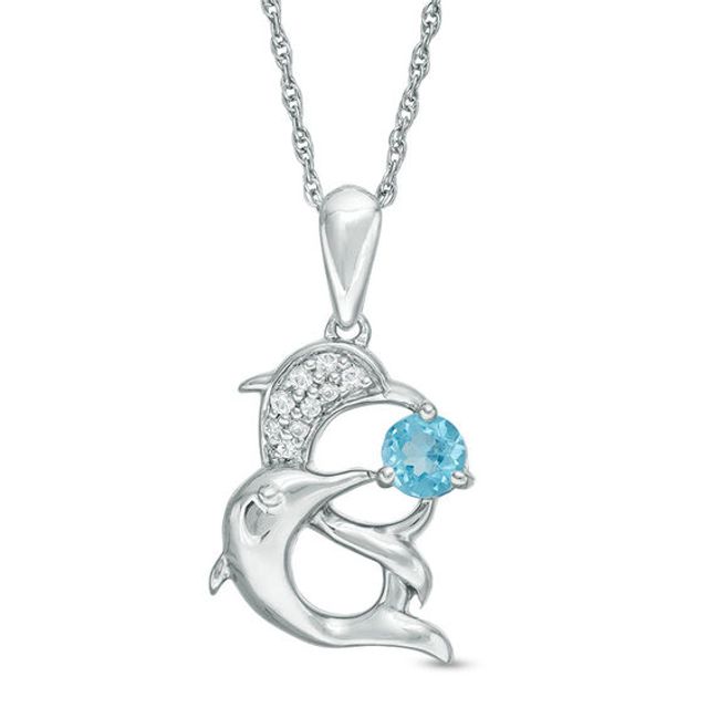 4.0mm Blue and White Topaz Double Dolphin Pendant in Sterling Silver