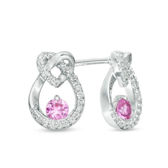 3.0mm Lab-Created Pink Sapphire and 1/6 CT. T.w. Diamond Heart Knot Teardrop Earrings in 10K White Gold