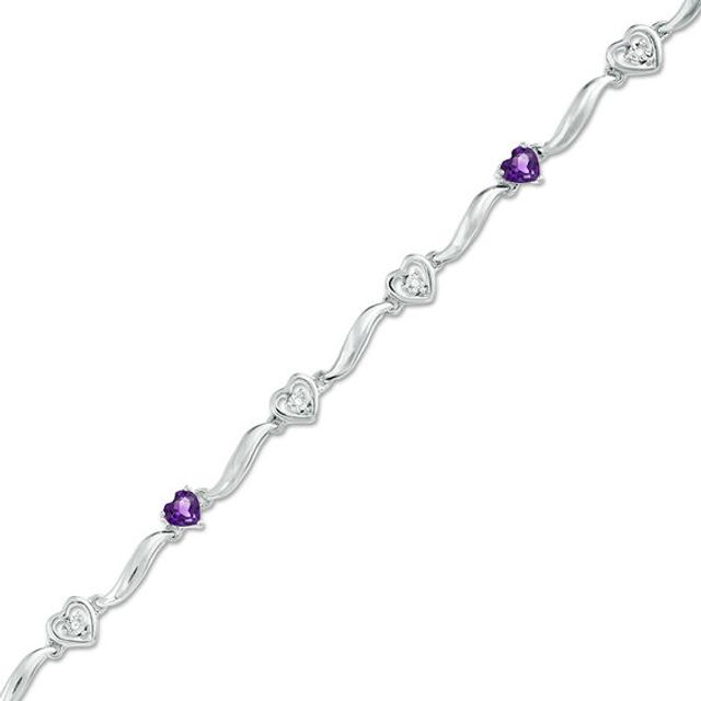 4.0mm Amethyst and Diamond Accent Heart and Wave Link Bracelet in Sterling Silver