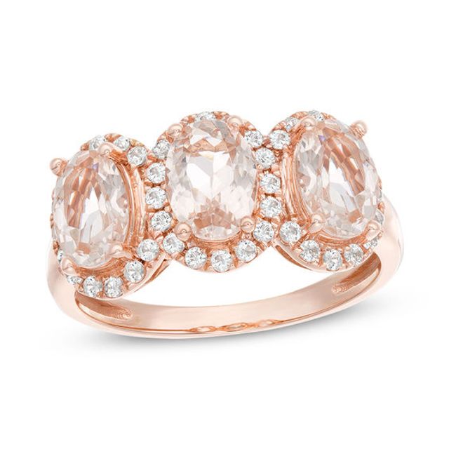 Oval Morganite and White Topaz Frame Three Stone Ring in 10K Rose Gold