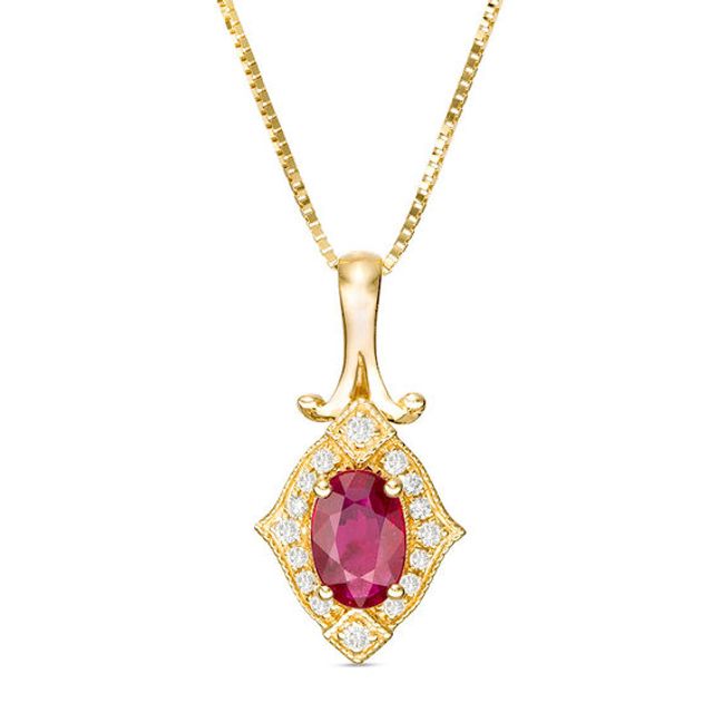 Oval Ruby and 1/20 CT. T.w. Diamond Vintage-Style Frame Doorknocker Pendant in 10K Gold