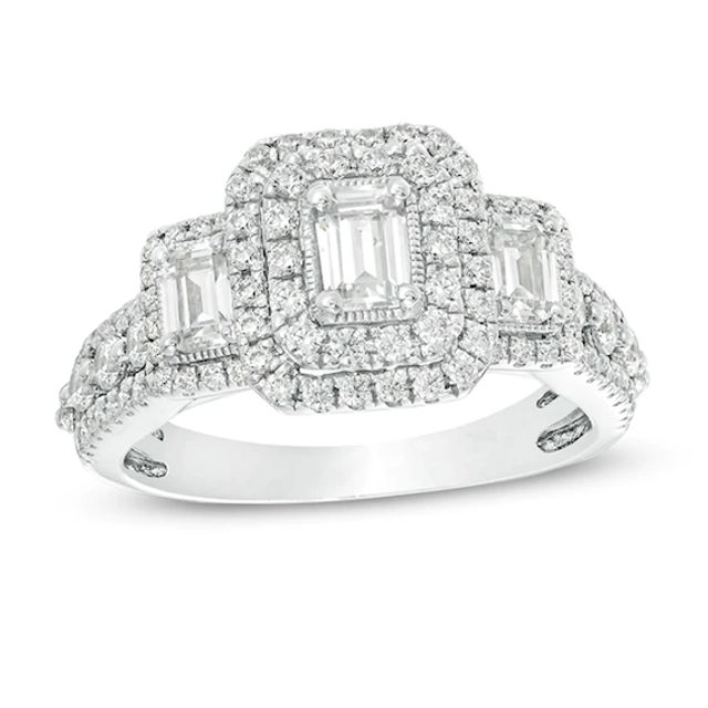 1-1/2 CT. T.w. Emerald-Cut Diamond Past Present FutureÂ® Double Frame Vintage-Style Engagement Ring in 14K White Gold