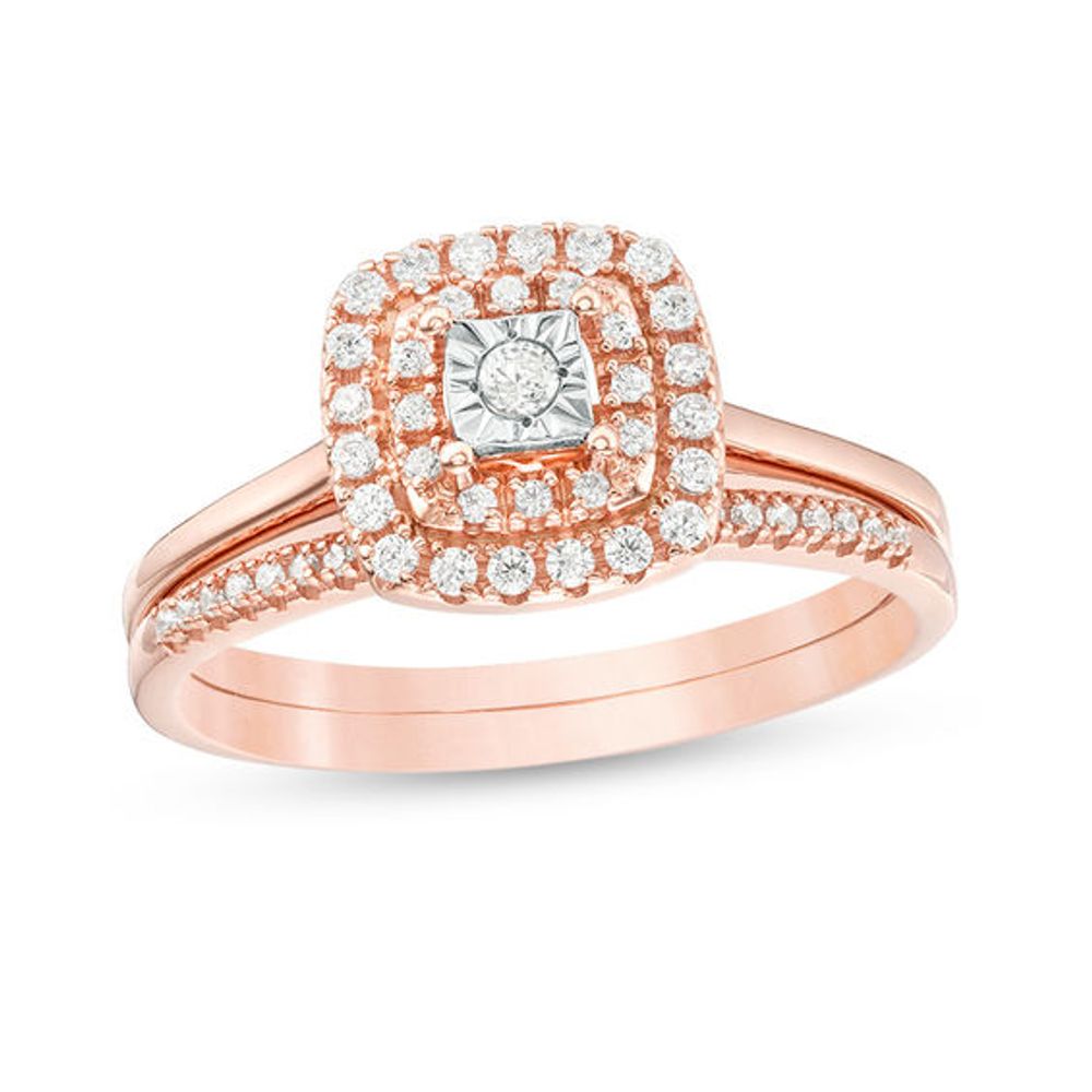 1/4 CT. T.w. Diamond Double Cushion Frame Bridal Set in 10K Rose Gold