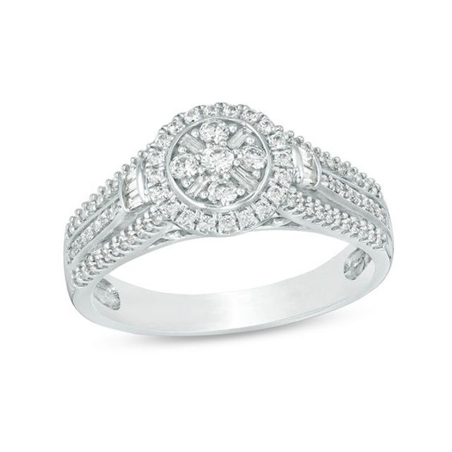 1/2 CT. T.w. Baguette and Round Composite Diamond Frame Collar Ring in 10K White Gold