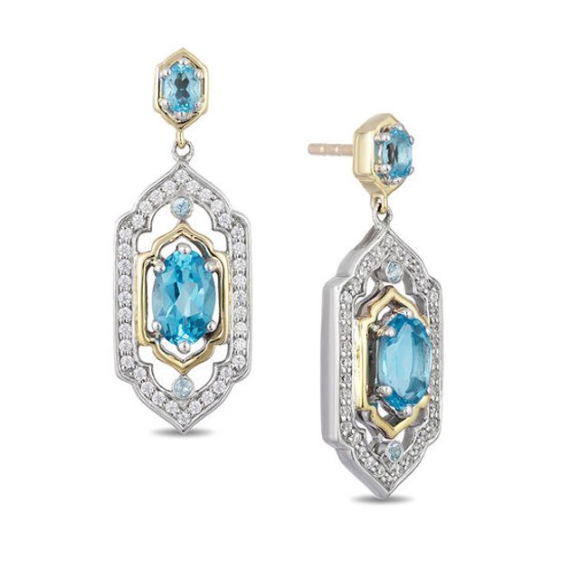 Enchanted Disney Jasmine Oval Swiss Blue Topaz and 1/5 CT. T.w. Diamond Drop Earrings in Sterling Silver and 10K Gold